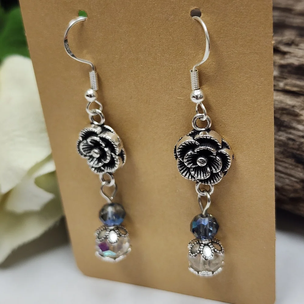 Hand Crafted Dangle Earrings With AB Crystals And Silver Toned Flowers - Picture 3 of 7